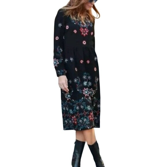 Zara Woman Floral Embroidered Runway Fav Long Sleeve Black Midi Dress Size M - Picture 7 of 14